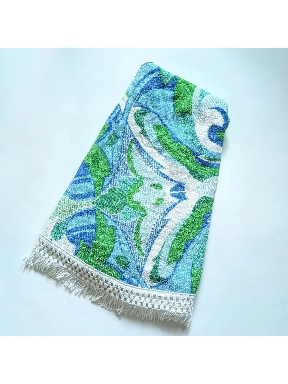Vintage Round Terry Cloth Tablecloth with Groovy Print and Fringed Edge
